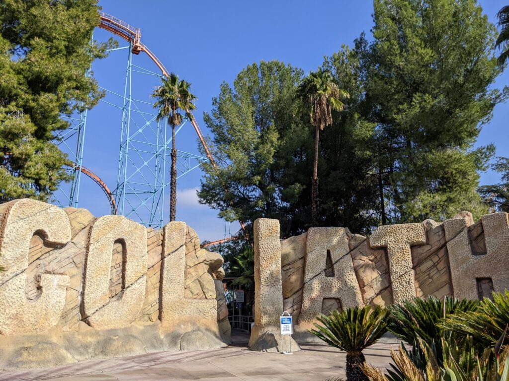 Ride Goliath roller coaster at Six Flags Magic Mountain amusement park