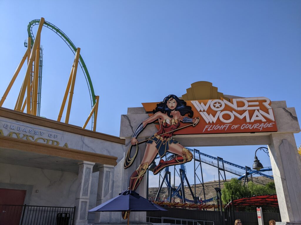 Ride the new Wonder Woman: Flight of Courage roller coaster at Six Flags Magic Mountain amusement park