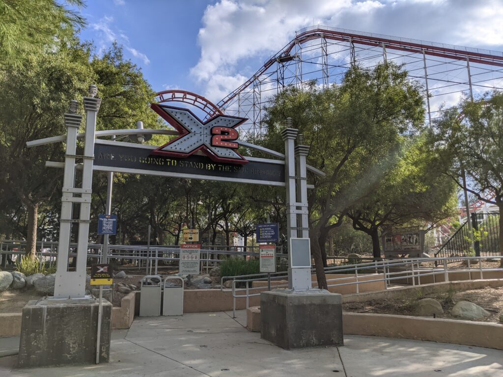 Ride X2 4D roller coaster at Six Flags Magic Mountain amusement park