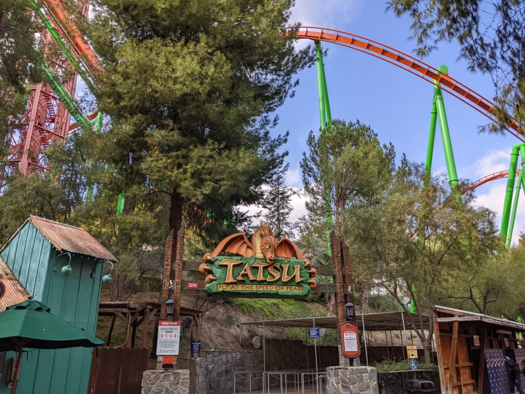 Ride Tatsu roller coaster at Six Flags Magic Mountain amusement park