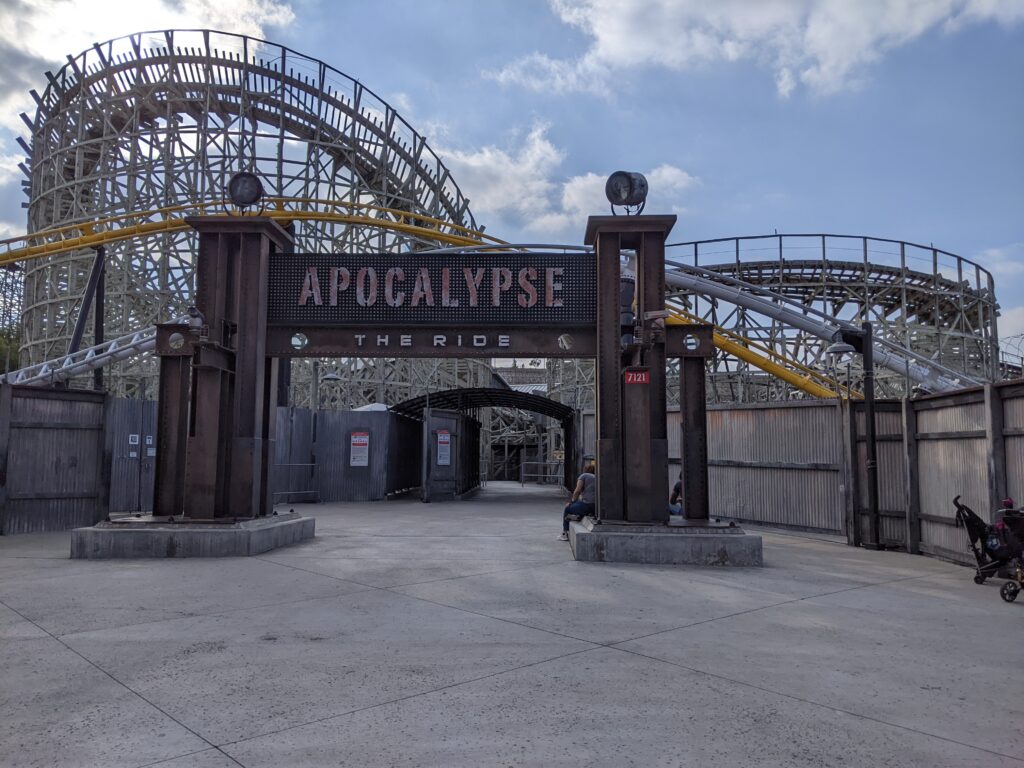 Ride The Apocalypse roller coaster at Six Flags Magic Mountain amusement park