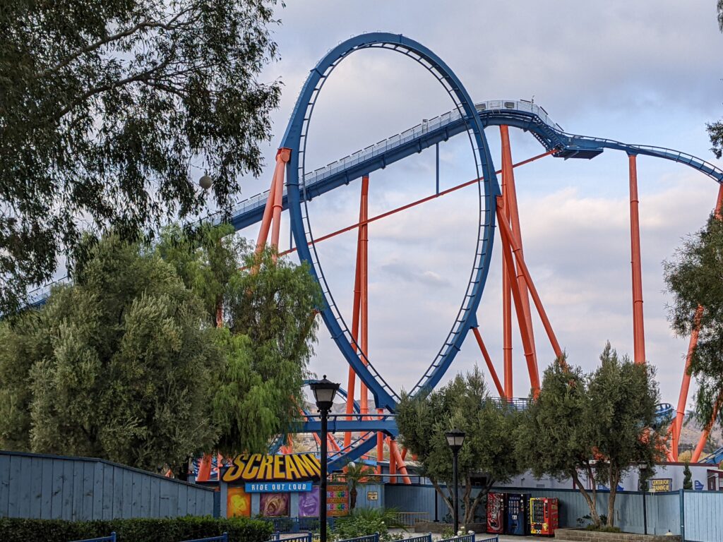 Ride Scream roller coaster at Six Flags Magic Mountain amusement park