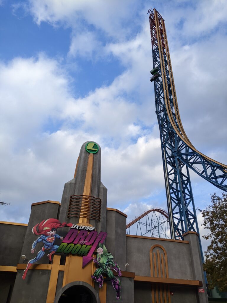 Ride Lex Luthor's Drop Of Doom at Six Flags Magic Mountain amusement park