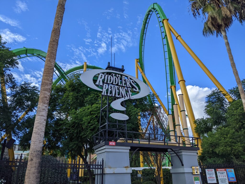 Ride Riddlers Revenge roller coaster at Six Flags Magic Mountain amusement park